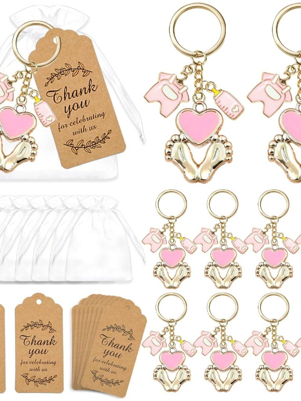 12 Sets Baby Shower Favors for Girl Pink Footprint Keychains Gifts with Bottle B